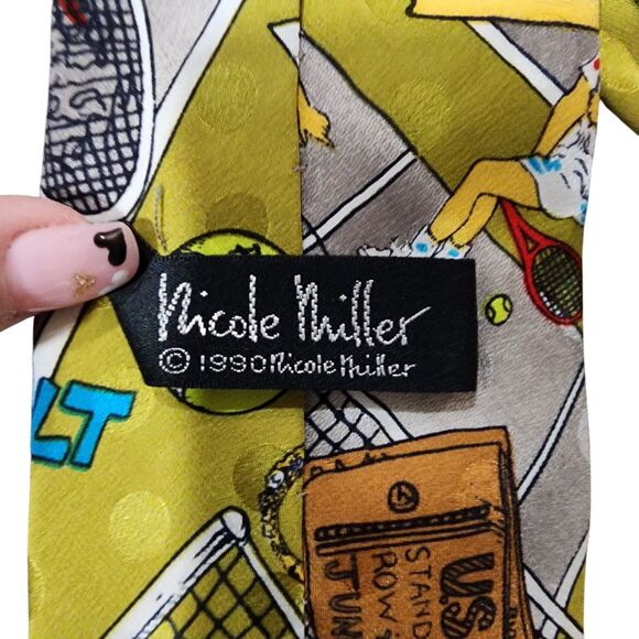 Vintage 1990 Nicole Miller Wimbledon, US Open Tennis Hand Sewn Silk Tie Racquet - Picture 4 of 5
